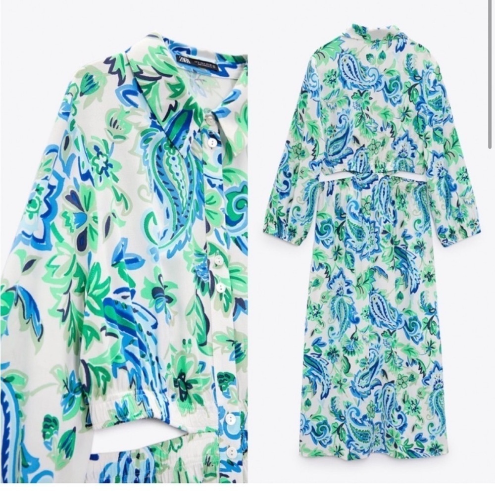 NWT Women’s ZARA Blue/Green paisley cutout midi button down dress- Size XS - Picture 3 of 11